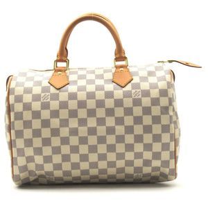 Louis Vuitton Speedy 30 Handbag Bag Canvas Leather Damier Azur White